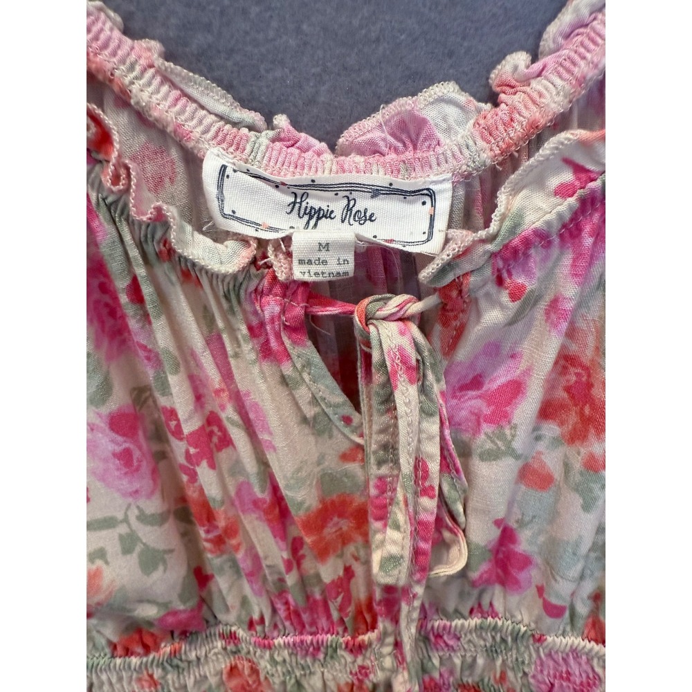 Hippie Rose Floral Smocked Waist Midi Dress Pink Orange Ruffle Women M - Picture 6 of 8
